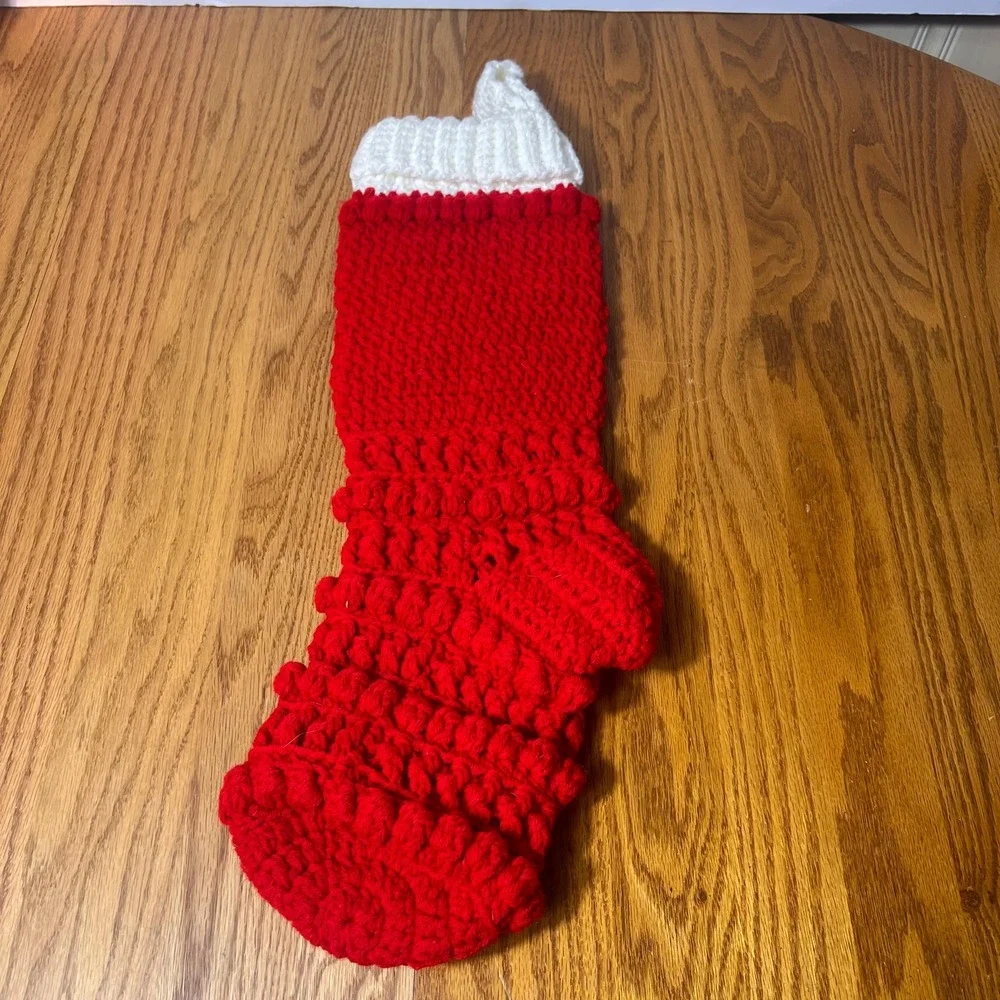 Crocheted Teddy Bear Christmas Stocking Red Knit Holiday Rustic Farmhouse chunky